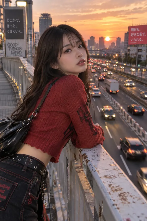 夕暮れの歩道橋。多車線道路と流れる車を見下ろす都市の実写プロンプト作例。