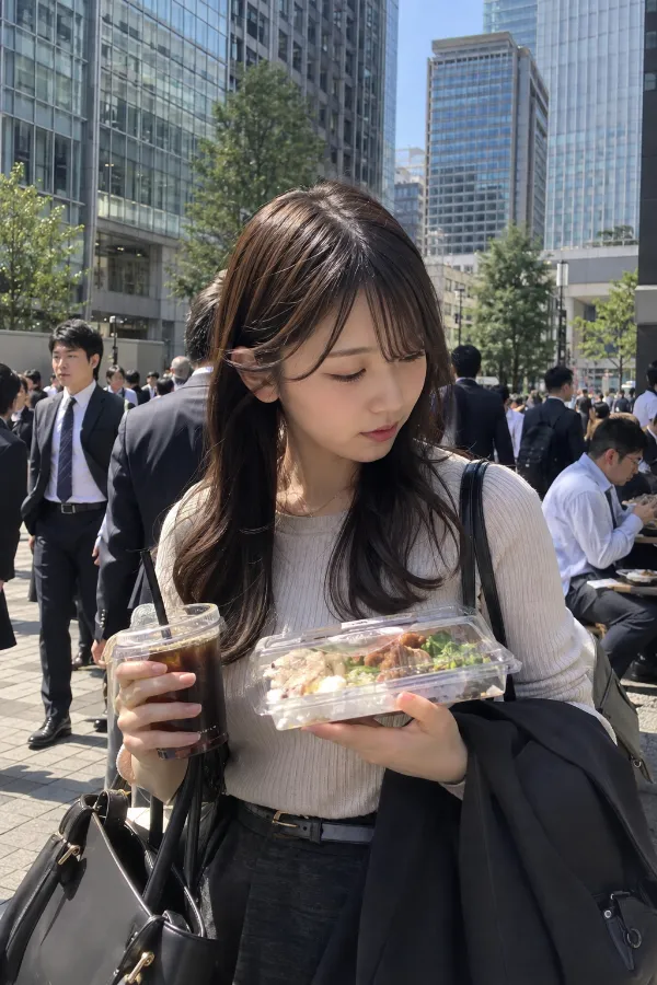 昼休みのオフィス街。高層ビルとスーツ姿の人々が行き交う都市の写真。