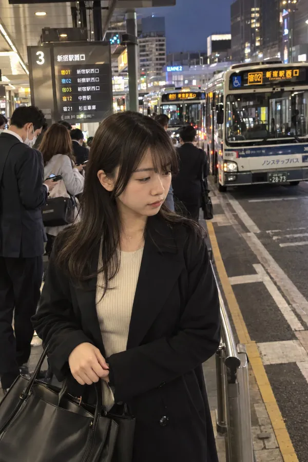 夕方の駅前バスターミナル。並ぶバス、行先表示、混雑する乗り場の写真。