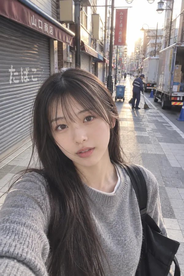 早朝の商店街。閉じたシャッター、配送トラック、開店準備の様子が見える街並み。
