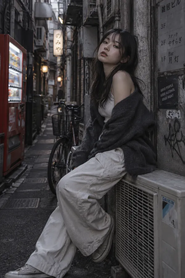 路地裏の自販機。室外機、自転車、雑居ビルの壁が並ぶ都市の日常風景。