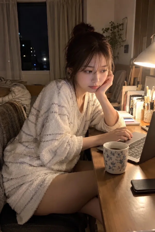 夜の作業机。ノートPC、デスクライト、マグカップが並ぶデスク風景。