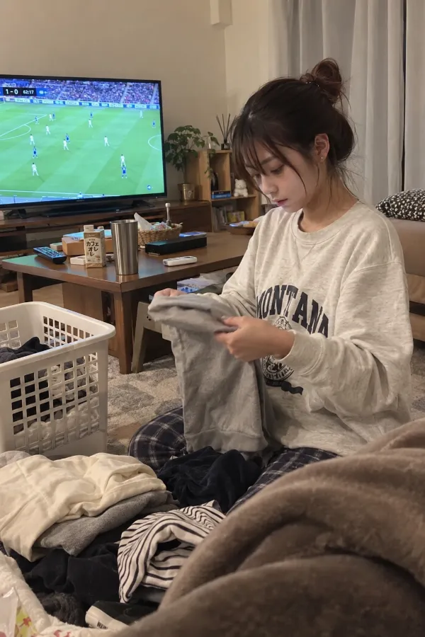 洗濯物のあるリビング。洗濯かご、畳みかけの服、テレビが見える写真の背景プロンプト作例。