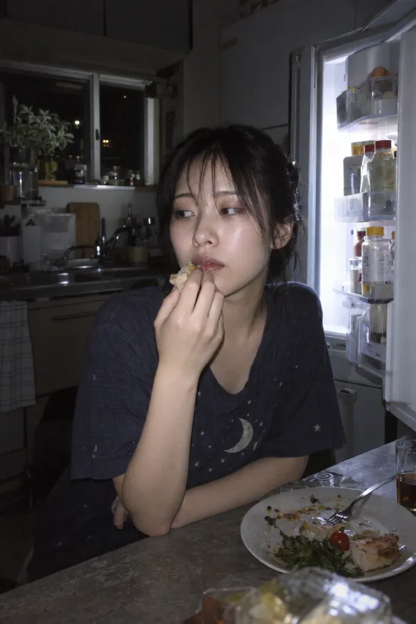 深夜のキッチン。冷蔵庫の明かり、夜食、食べかけの皿が残る生活風景。