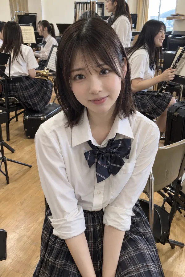放課後の音楽室。譜面台、椅子、楽器ケースと友人たちがいる学校風景。