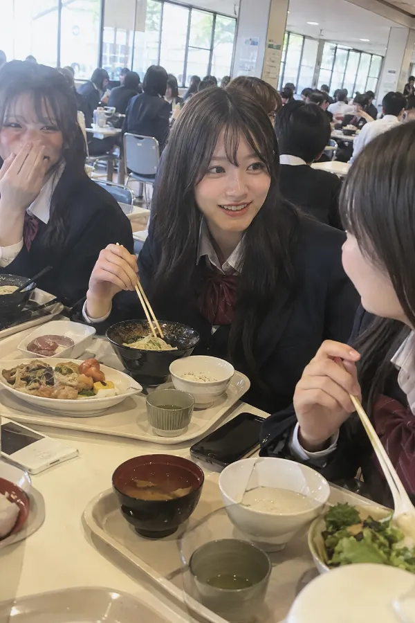 昼休みの学校食堂。食事トレー、長テーブル、友人たちで混雑する風景。