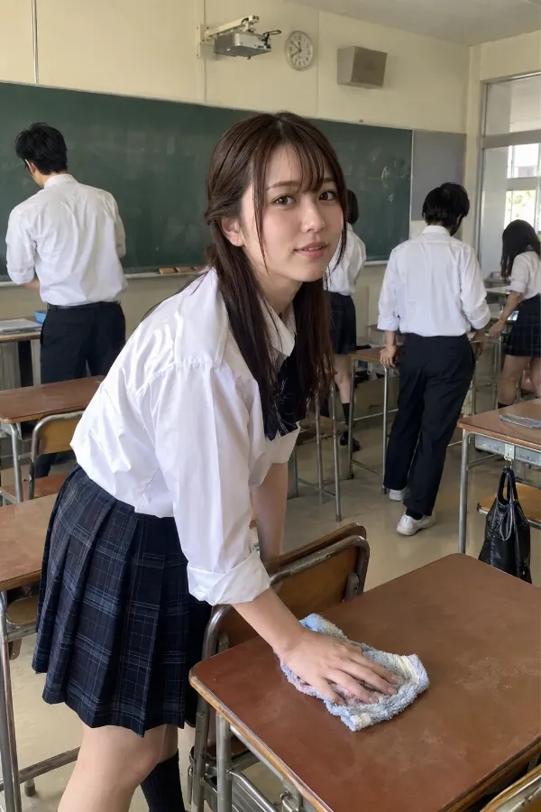 教室の掃除時間。雑巾や動かされた机、清掃する生徒が見える学校風景。