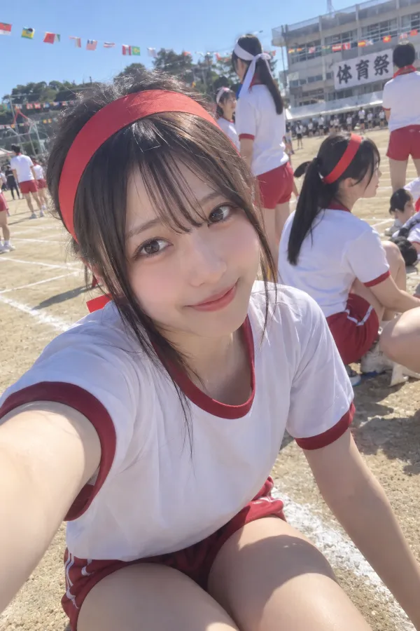 晴れた日の体育祭。校庭、万国旗、白線が広がる学校行事の風景。
