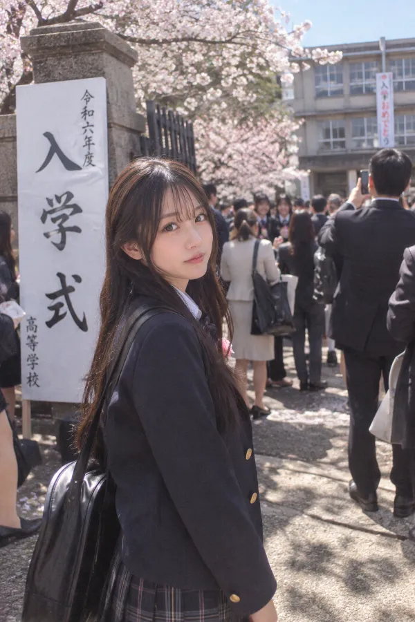 入学式の校門前。桜と記念撮影する人々が集まる写真の背景プロンプト作例。