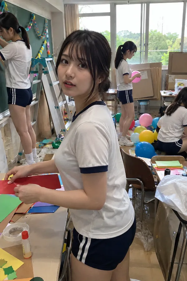 文化祭準備中の教室。色画用紙、風船、脚立、ベニヤ板が広がる作業風景。