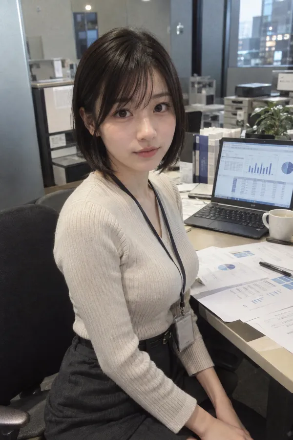オフィスのデスク。ノートPC、書類、マグカップが並ぶ仕事風景。