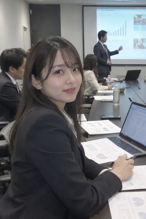 会議室でのプレゼン。長机、ノートPC、資料、スクリーンと社員が写る仕事風景。