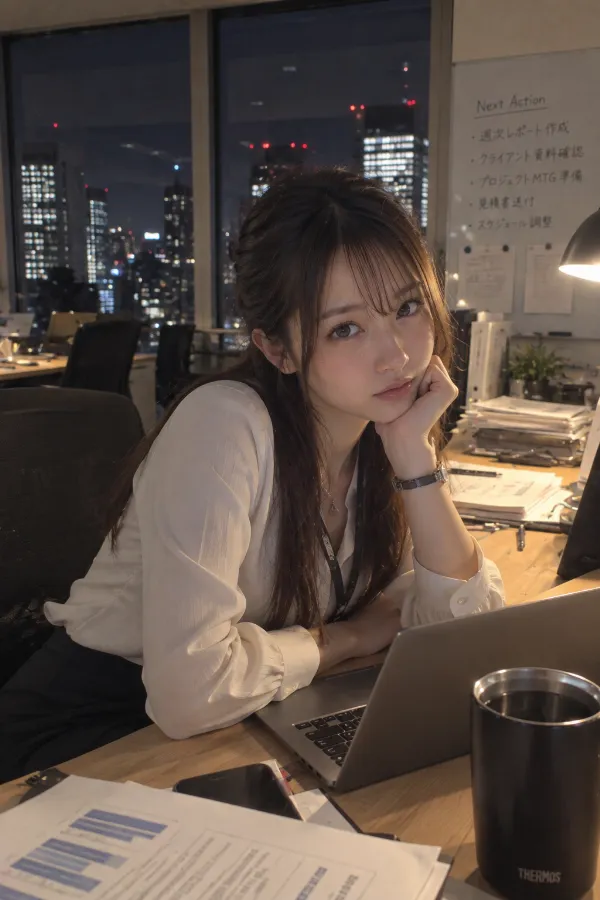 夜のオフィス。デスクライト、書類、窓の夜景を組み合わせた実写プロンプト作例。