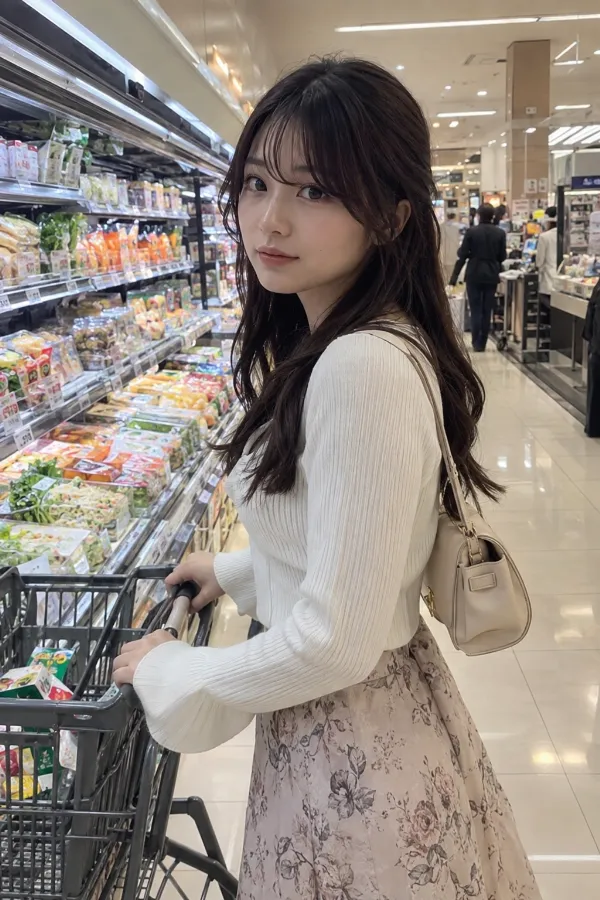 明るいスーパーの食品売場。商品棚、買い物カート、値札、レジが見える店内風景。