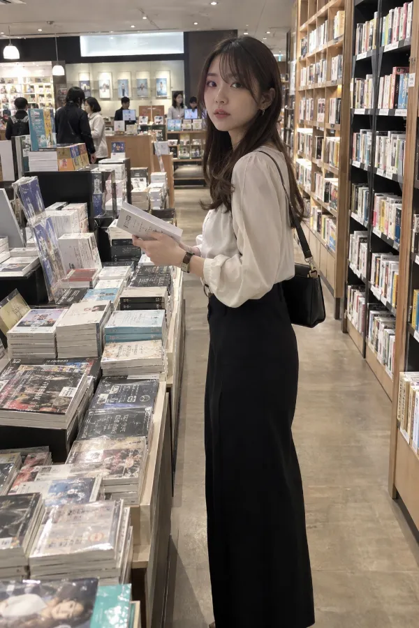 書店の新刊台。高い本棚、平積みの本、レジカウンターと案内POPが並ぶ写真。
