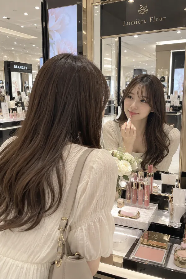 百貨店の化粧品売場。鏡、テスター、ブランド什器が並ぶ華やかな店内。