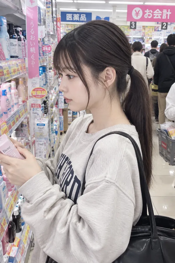 ドラッグストア店内。化粧品棚、医薬品棚、販促POP、レジが並ぶ写真の背景プロンプト作例。
