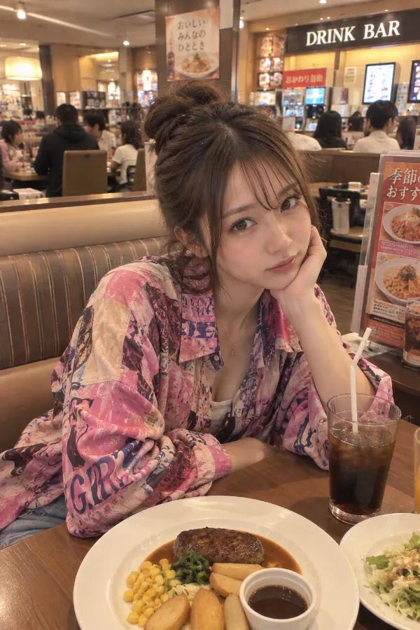 ファミレスのボックス席。卓上メニュー、ドリンクバー、料理と混雑した店内が見える写真。