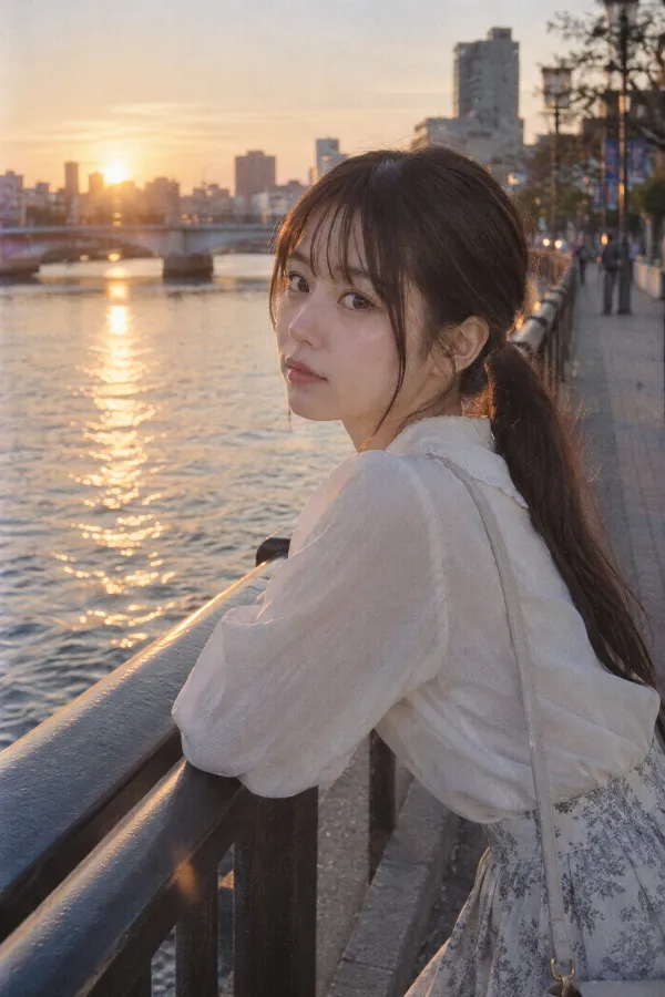 夕方の川沿いの遊歩道。欄干、橋、水面の反射が見える実写背景。