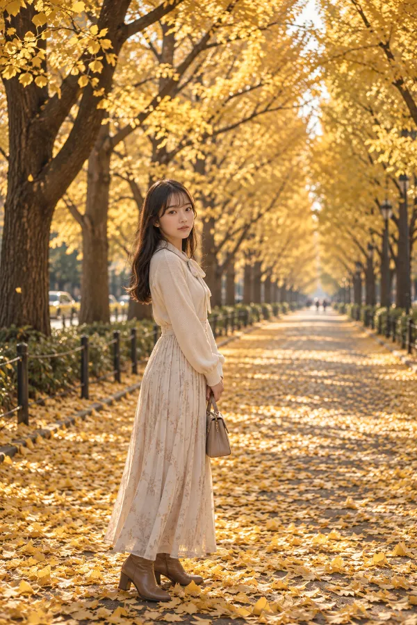 秋の銀杏並木。黄色い落ち葉が広がる長い並木道の風景。