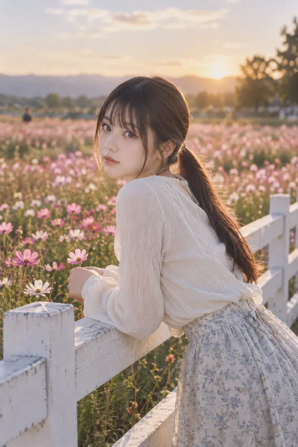秋のコスモス畑。白い柵と柔らかな夕方の光が入る実写写真。