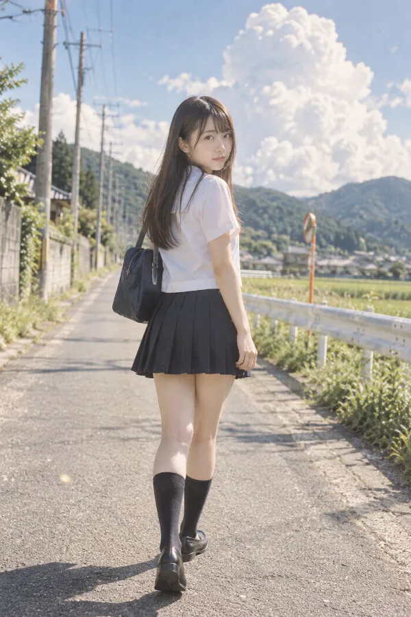 夏の田舎道。電柱、ガードレール、入道雲が続く写真の背景プロンプト作例。