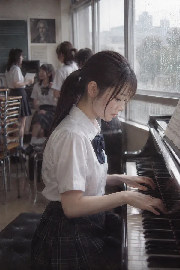 雨の日の音楽室。ピアノ、積まれた椅子、雨粒のついた窓と友人たちが写る風景。