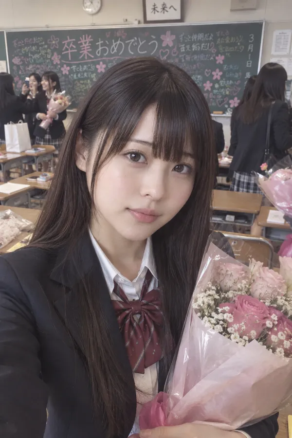 卒業式後の教室。寄せ書きで埋まった黒板、花束、空いた机、友人たちが残る風景。