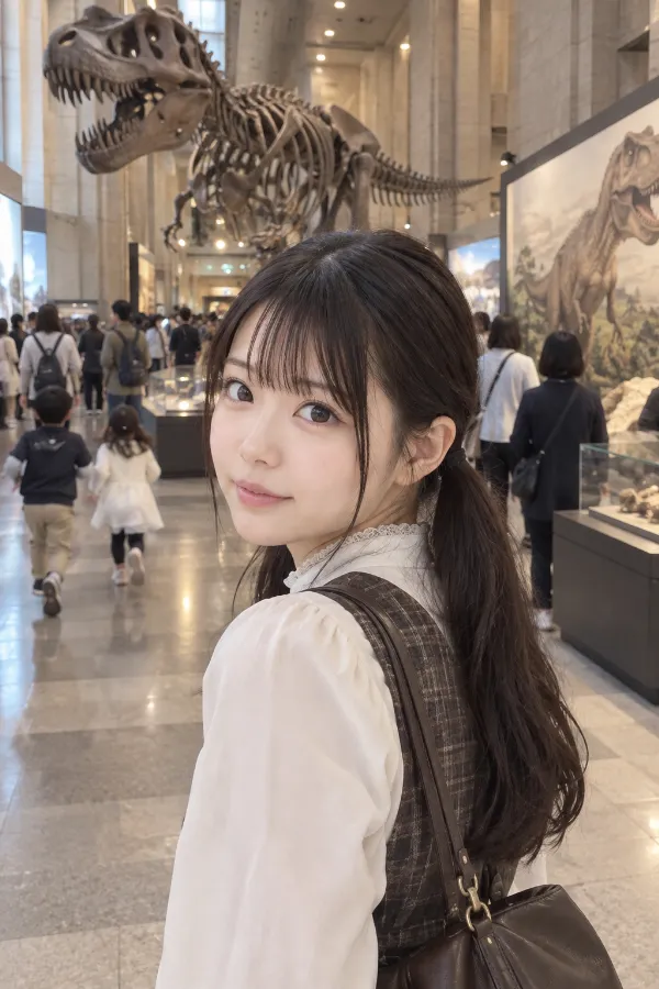 博物館の恐竜展示。高いホールに大きな恐竜骨格と解説パネルが並ぶ実写プロンプト作例。
