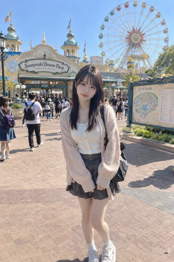 快晴の遊園地。大きな観覧車、園内ゲート、案内マップと人混みが見える写真。