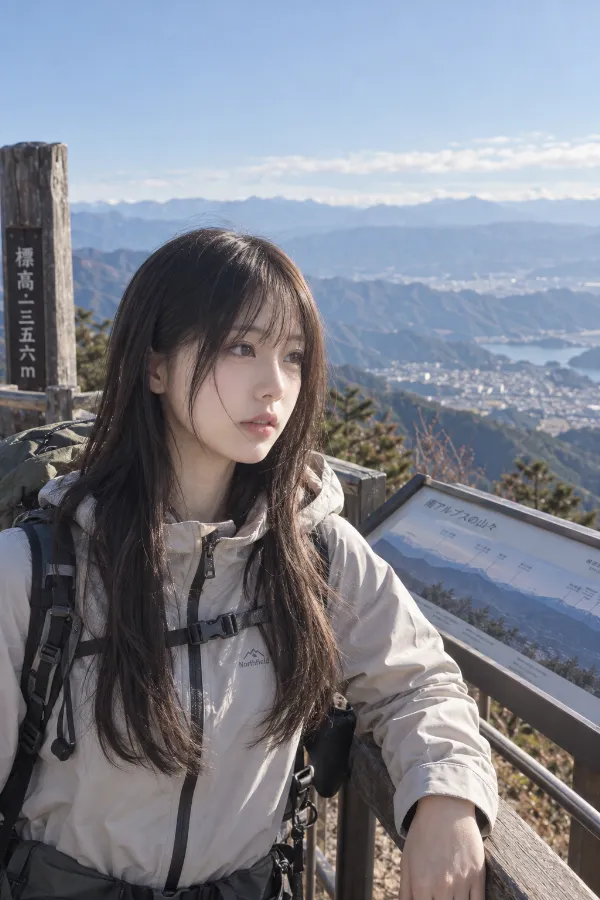 山頂の展望台。柵越しに山並みと遠くの町が広がる写真の背景プロンプト作例。