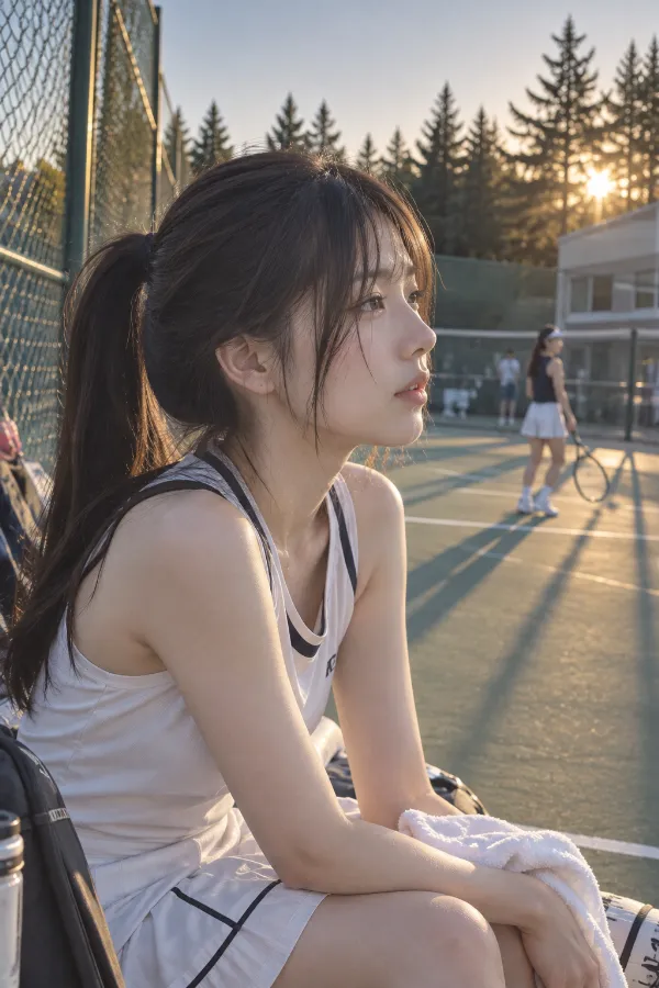 夕方のテニスコート。金網フェンス、針葉樹林、施設の建物と長い影が見える写真。