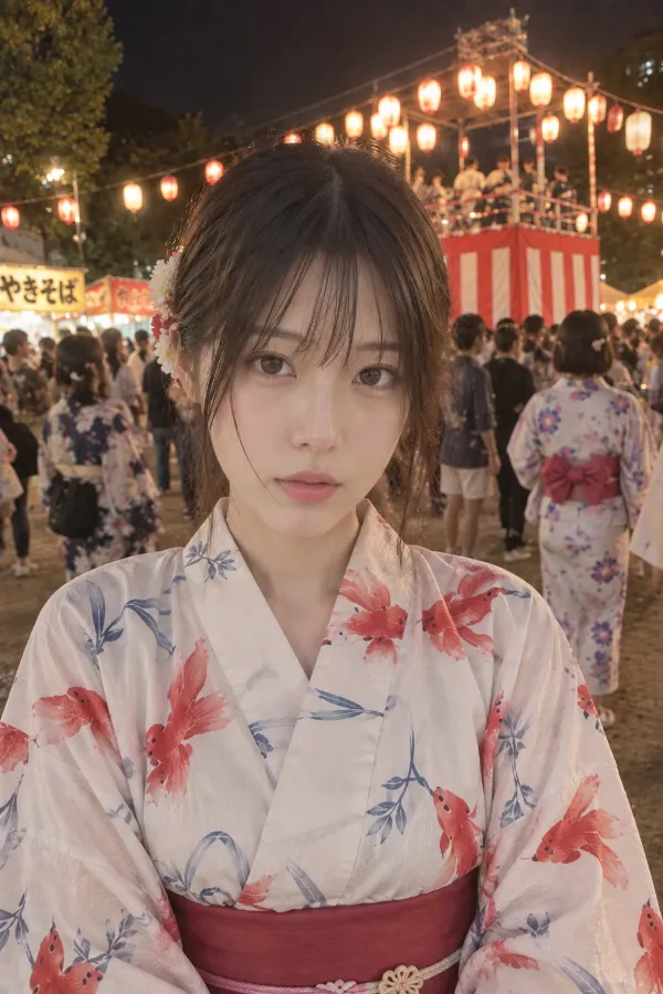 夜の夏祭り。やぐら、提灯、盆踊りをする浴衣姿の人々でにぎわう広場。