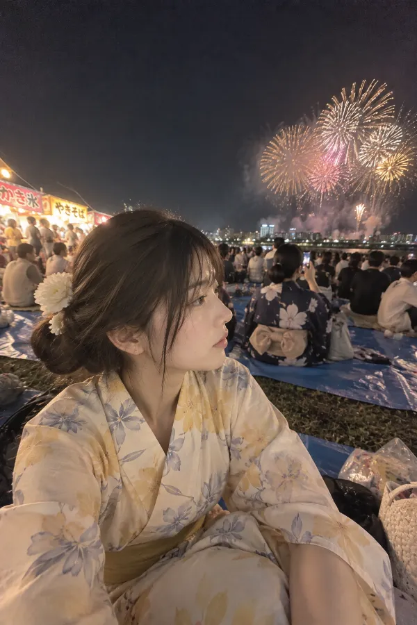 花火大会の河川敷。レジャーシート、屋台の灯り、大勢の観客が集まる実写写真。