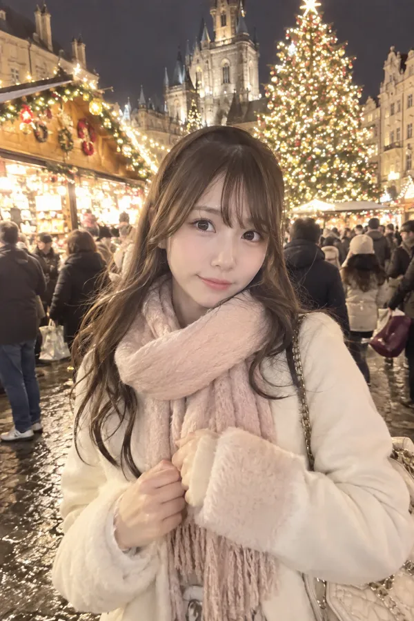 クリスマスマーケット。大きなツリー、木の屋台、イルミネーションと人混みが広がる実写プロンプト作例。