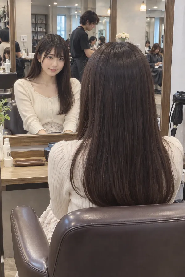 美容室の店内。大きな鏡、回転椅子、待合スペースと客が見える写真。