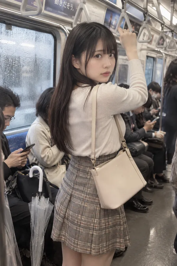 雨の日の電車内。つり革、並ぶ座席、曇った窓、濡れた傘と乗客が写る実写プロンプト作例。