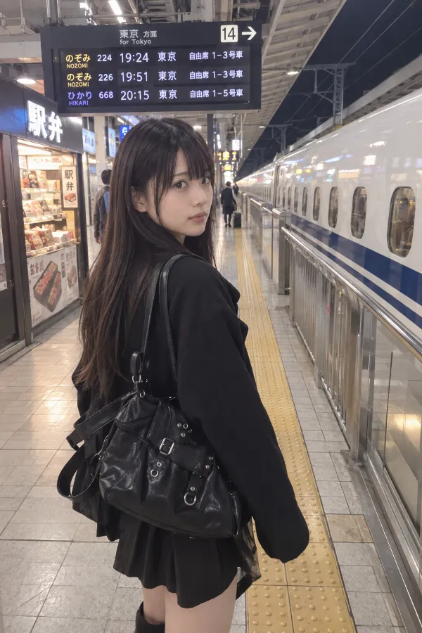新幹線ホーム。発車案内、駅弁売店、黄色い点字ブロックと新幹線が見える写真。