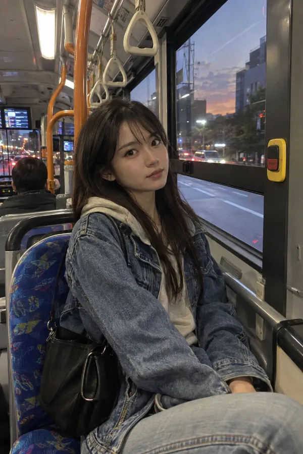 夕方の路線バス車内。降車ボタン、つり革、窓外の街並みが見える実写プロンプト作例。