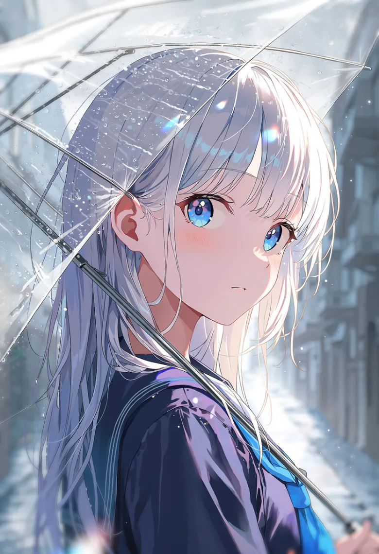 曇り空の濡れた街で傘を持つ銀髪の少女を横から描いた透過表現の生成結果