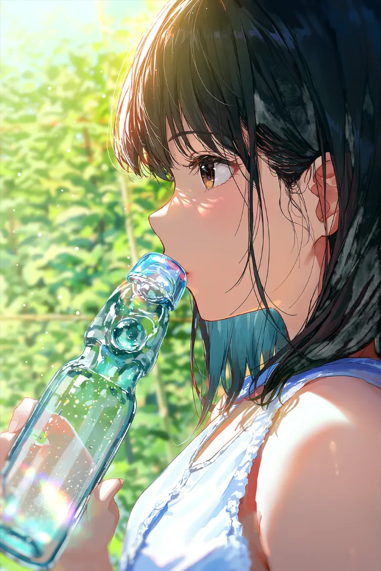夏の縁側でラムネを飲む黒髪の少女を、透明なラムネ瓶越しに横から描いた透過表現