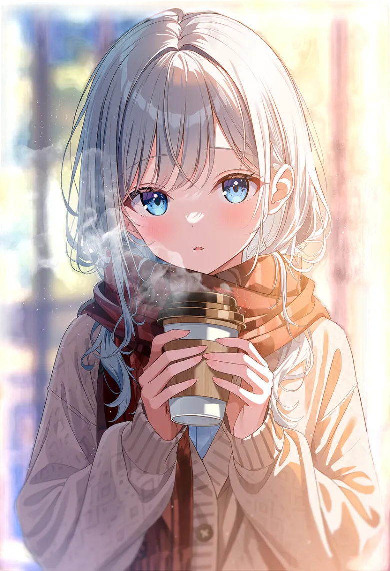暖かなカフェで飲み物を持つ銀髪の少女の顔が、立ち上る半透明の湯気越しに見える透過表現