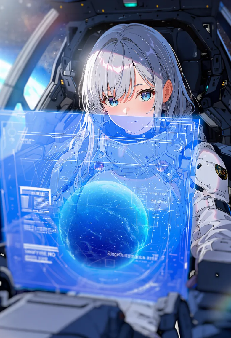 宇宙船のコックピットで透明な青いホログラムディスプレイ越しに銀髪の少女が見えるシーン
