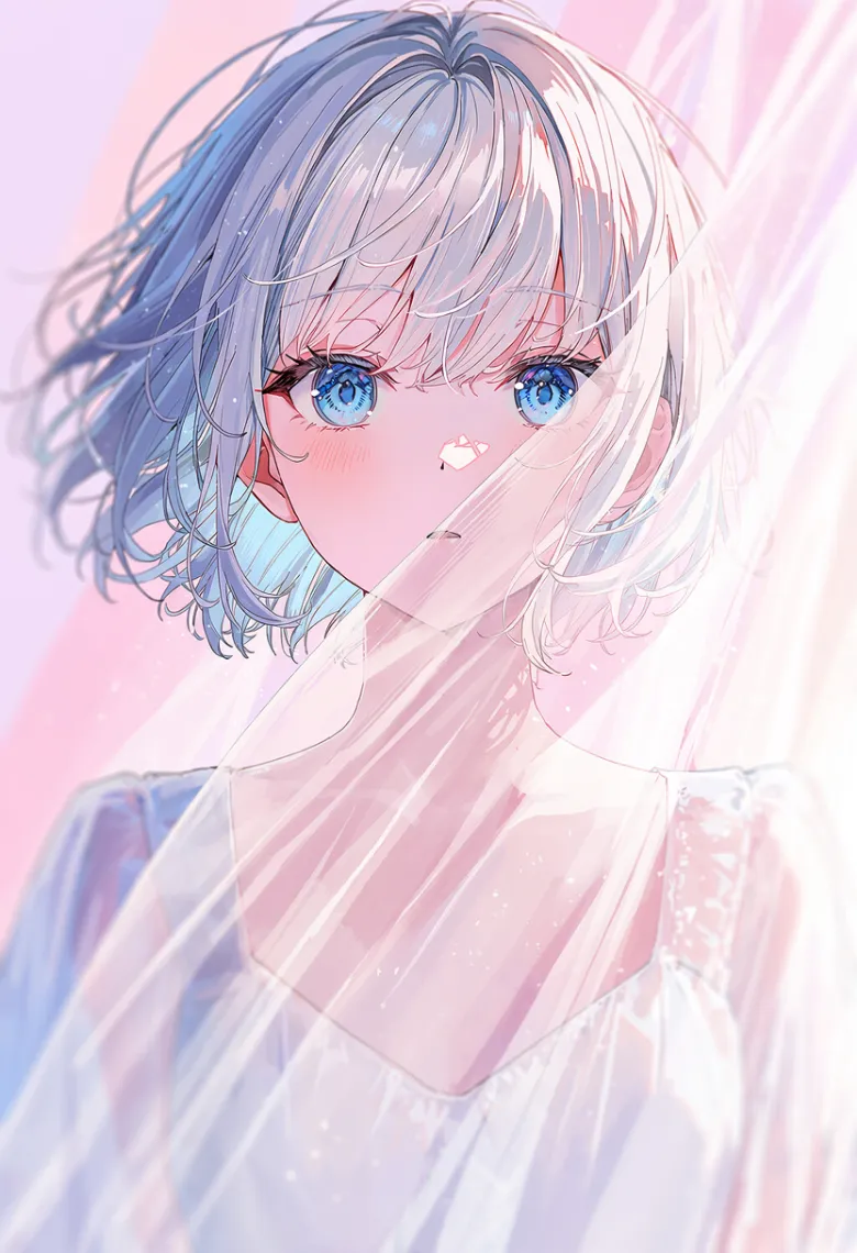 淡いピンクのスタジオで半透明のオーガンジー越しに白いドレスの銀髪少女が見える透過表現