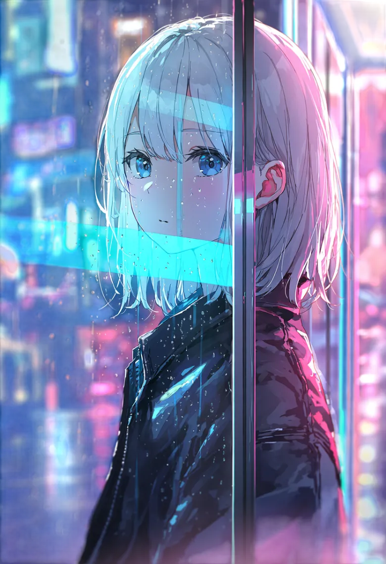 雨のサイバーパンクな街で青とピンクのネオンが反射する透明なガラス越しに銀髪の少女が見えるシーン