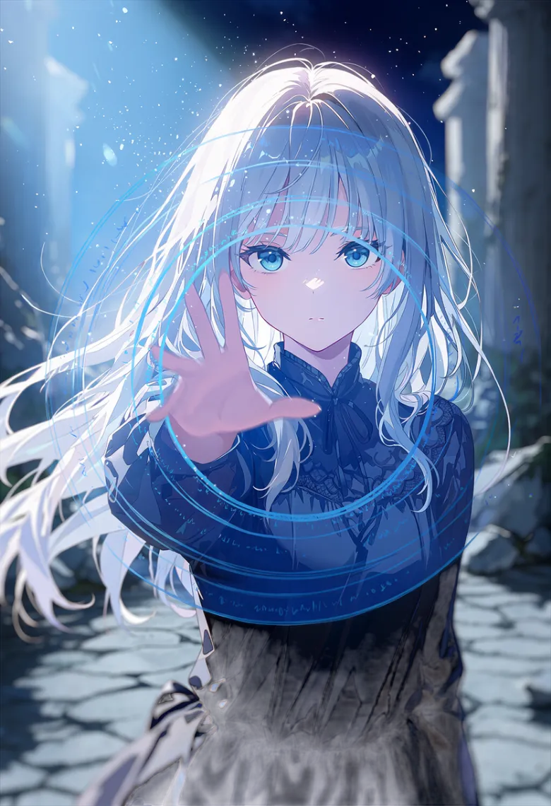 月明かりの廃墟で半透明の青い魔法陣越しに黒いドレスの銀髪少女が見える透過表現