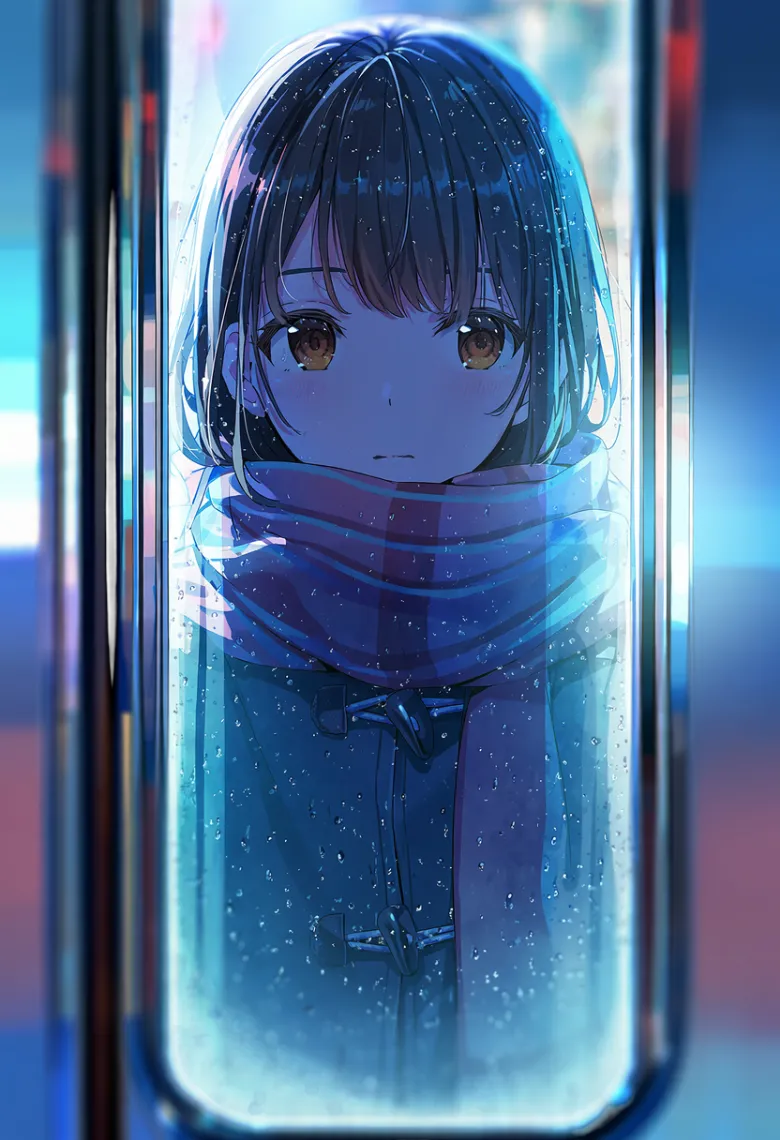 雨の夕方の電車内で窓ガラスの反射と透過越しに黒髪の少女の顔が見えるシーン