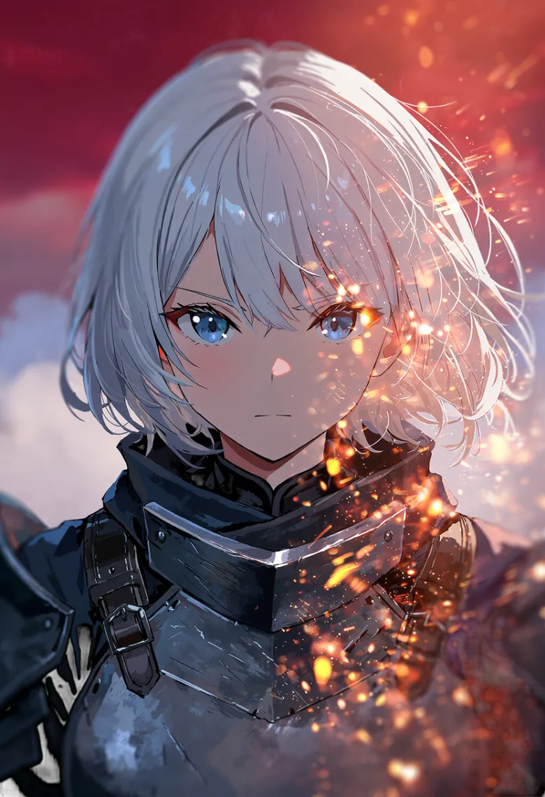 赤い空と煙の戦場で半透明に光る火の粉越しに銀髪の少女が見える戦闘シーン