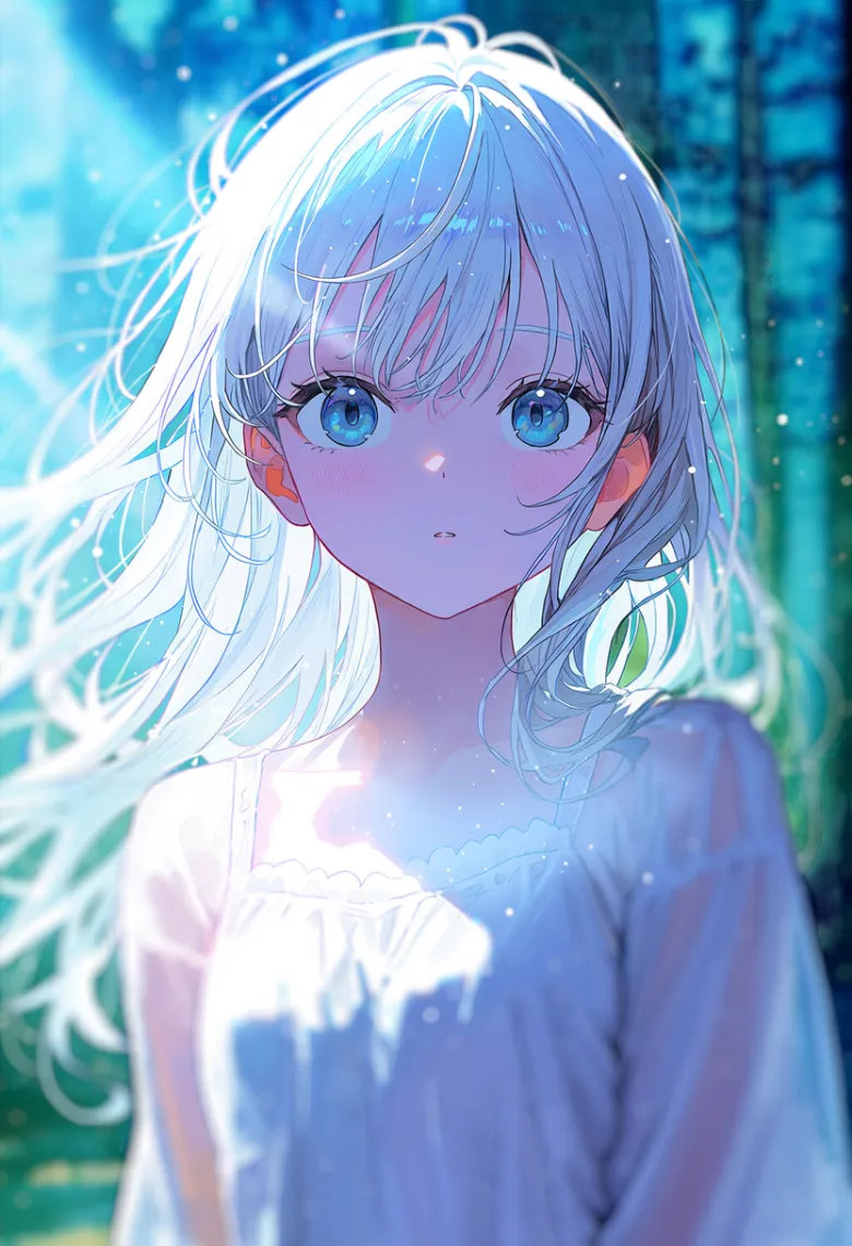 月明かりの森で薄い青い霧越しに白いドレスの銀髪少女が見える神秘的な透過表現