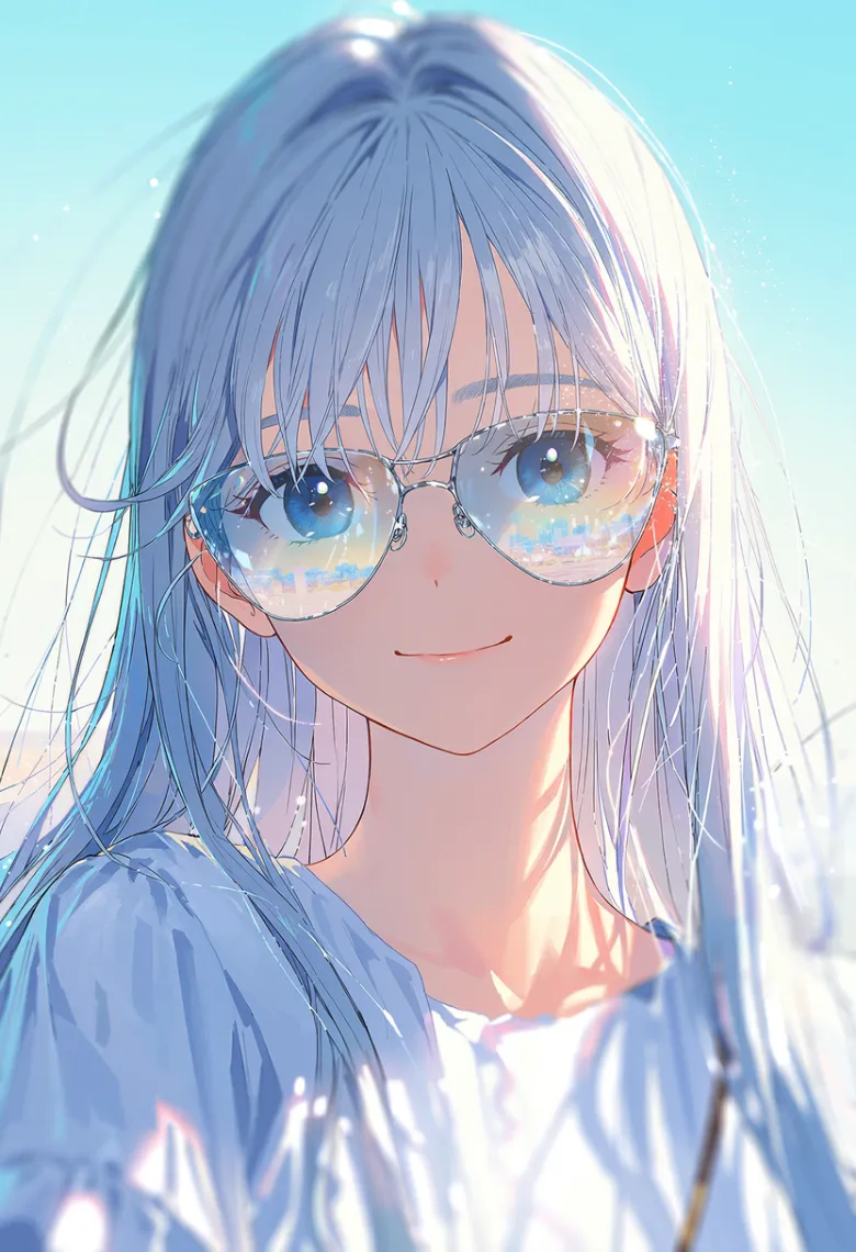 明るい夏の街で透明な色付きサングラスのレンズ越しに銀髪の少女の青い瞳が見える透過表現